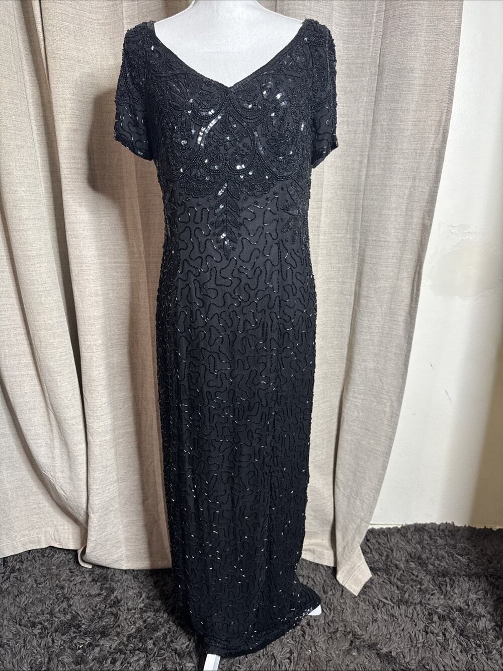 Vintage 90s Papell Boutique Black silk floral beaded sequin gown black tie Sz 14